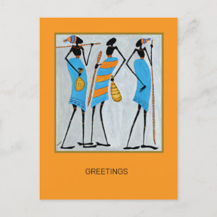 Postal Festiva Watercolor Arte Africano Guerreros Masái