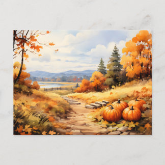 Postal Festiva Watercolor Autumn Road Pumpkin Caída Saltos