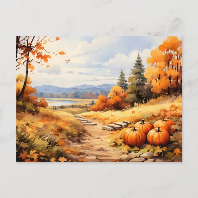Postal Festiva Watercolor Autumn Road Pumpkin Caída Saltos (Anverso)