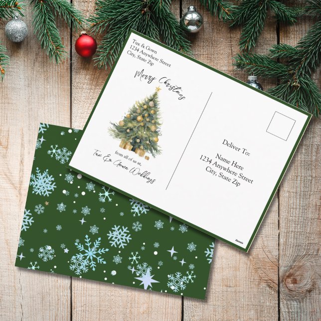 Postal Festiva Watercolor Blue Green Script Non Photo Christmas (Watercolor Christmas Tree Holiday Postcard)