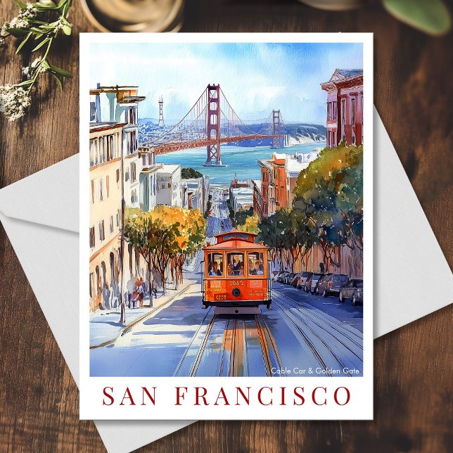 Postal Festiva Watercolor California San Francisco Golden Gate (Watercolor San Francisco Cable Car and Golden Gate Holiday Postcard)