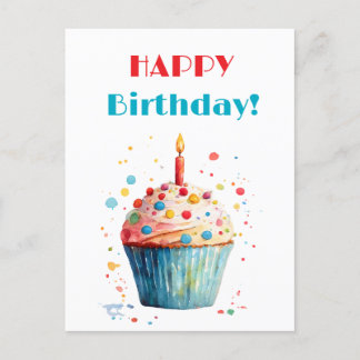 Postal Festiva Watercolor Cupcake Feliz cumpleaños
