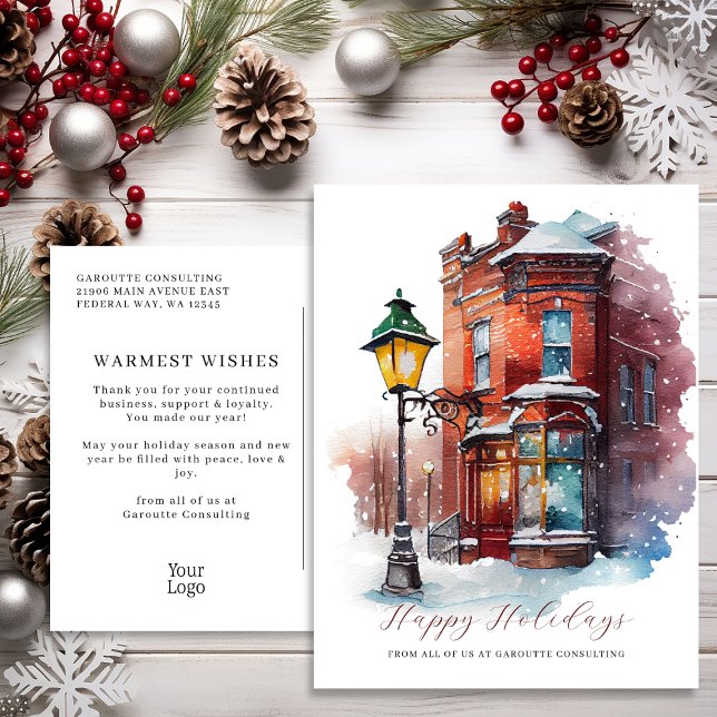 Postal Festiva Watercolor de agua festivo Storefront Business (Festive Watercolor Storefront Business Holiday Postcard)