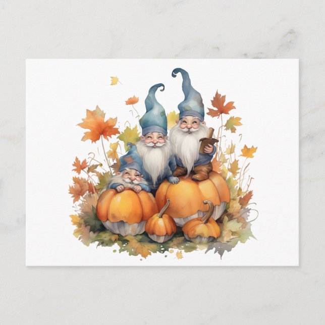 Postal Festiva Watercolor Gnome Pumpkin Acción de Gracias (Anverso)