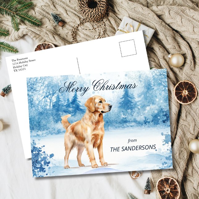 Postal Festiva Watercolor Golden Retriever Winter Christmas (Snowy Golden Retriever Dog Christmas Holiday Postcard)