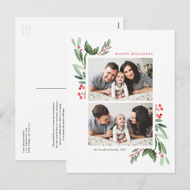 Postal Festiva Watercolor Hollies and Greenery Two Photo Collage (Anverso / Reverso)