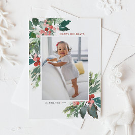 Postal Festiva Watercolor Hollies con foto de falso Relieve metal