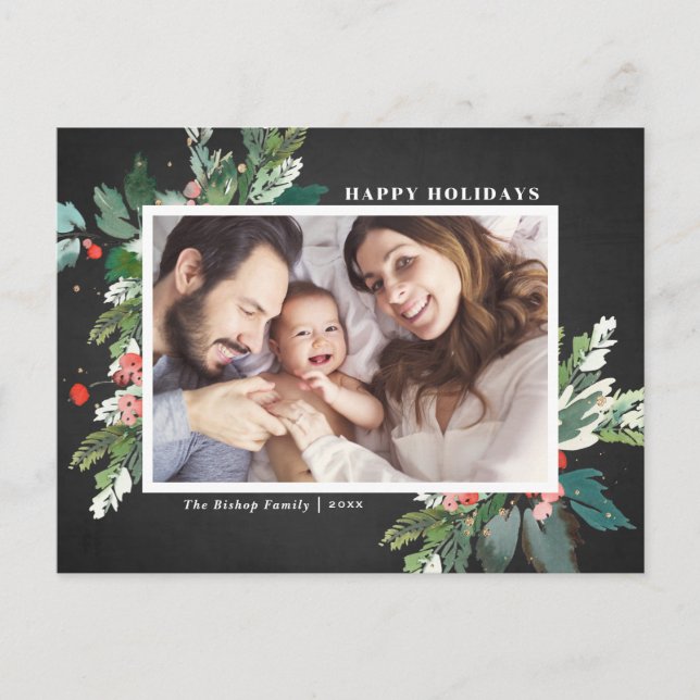 Postal Festiva Watercolor Hollies Faux Chalkboard Foto botánica (Anverso)