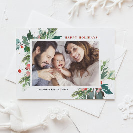 Postal Festiva Watercolor Hollies Faux Relieve metalizado dorado