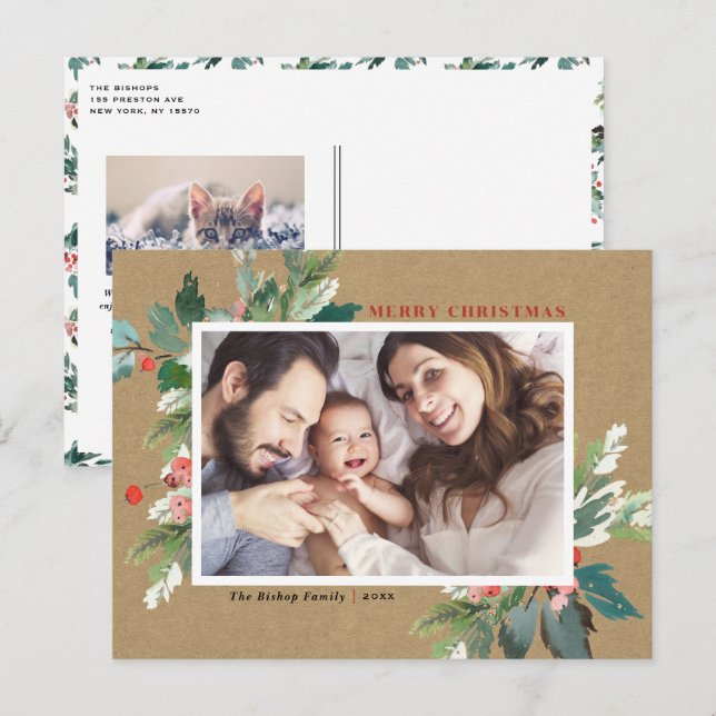 Postal Festiva Watercolor Hollies Kraft Navidades de papel (Anverso / Reverso)