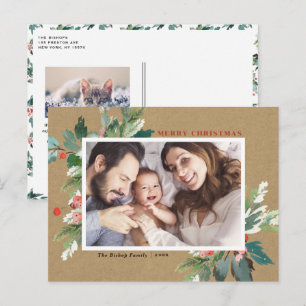 Postal Festiva Watercolor Hollies Kraft Navidades de papel