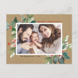 Postal Festiva Watercolor Hollies Kraft Navidades de papel