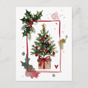 Postal Festiva Watercolor Holly Berries Christmas Tree Holiday