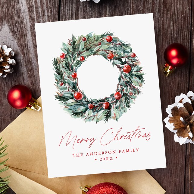 Postal Festiva Watercolor Holly Berry & Greenery Wreath no foto (Subido por el creador)