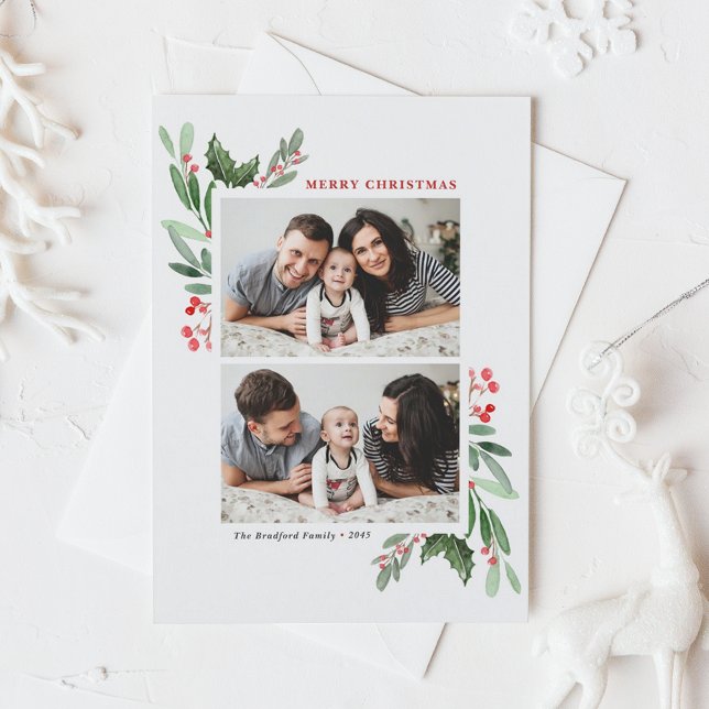 Postal Festiva Watercolor Holly Greenery Dos Navidades de fotogra (Watercolor Holly and Greenery Two-Photo Collage Christmas Postcard)