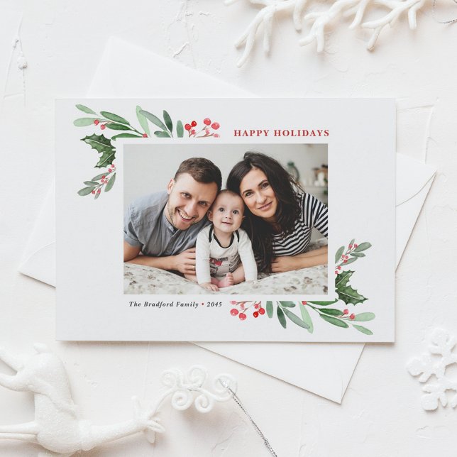 Postal Festiva Watercolor Holly Greenery Photo Happy Holidays (Customizable photo holiday postcard featuring watercolor red winterberry and greenery)