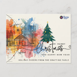 Postal Festiva Watercolor Ink Blue Print Architecture Christmas