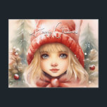 Postal Festiva Watercolor Little Winter Fae<br><div class="desc">Adorables Navidades de invierno se enfrentan en su gorra de invierno de punto rojo - los bosques nevados y los árboles en el fondo.</div>