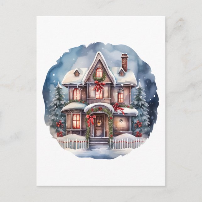 Postal Festiva Watercolor Merry Christmas Cosy House (Anverso)