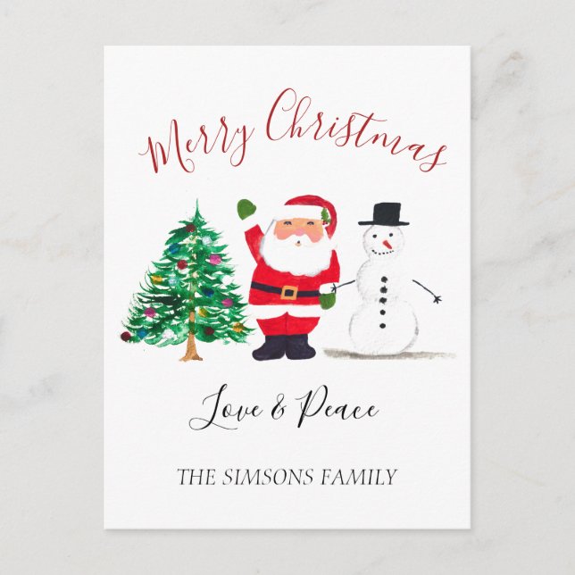 Postal Festiva Watercolor Merry Christmas Santa Snowman (Anverso)