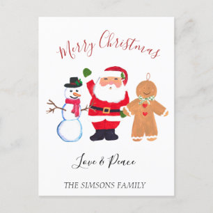 Postal Festiva Watercolor Merry Christmas Santa Snowman