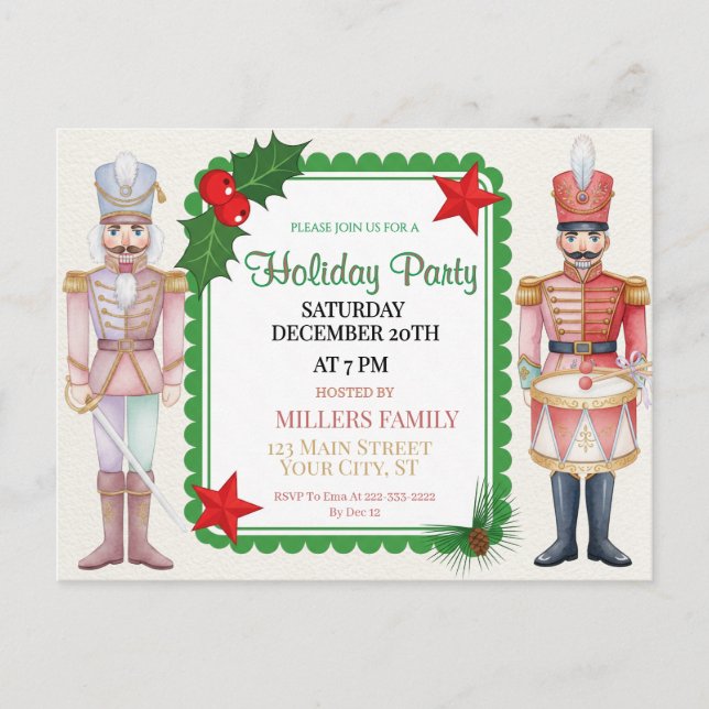 Postal Festiva Watercolor Nutcracker Christmas Holiday Postcard (Anverso)