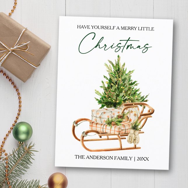 Postal Festiva Watercolor Pines Sleigh Calligraphy Ink Holiday (Customize to change your personalized text size or text style)