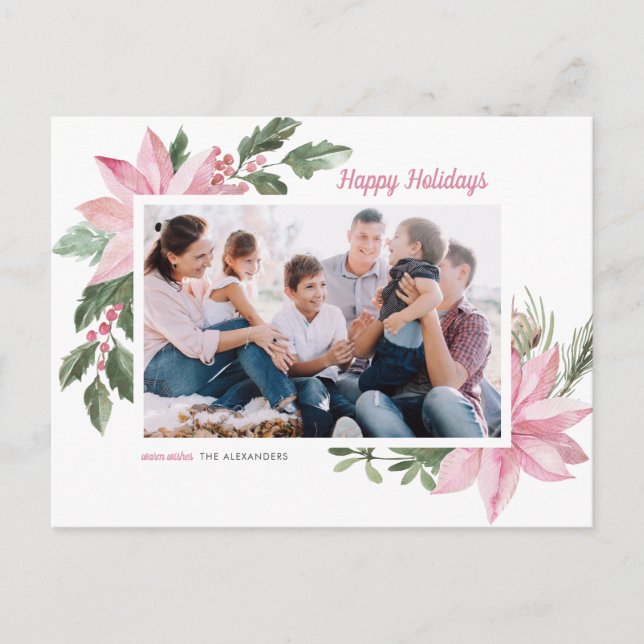 Postal Festiva Watercolor Pink Poinsettia Happy Holidays (Anverso)