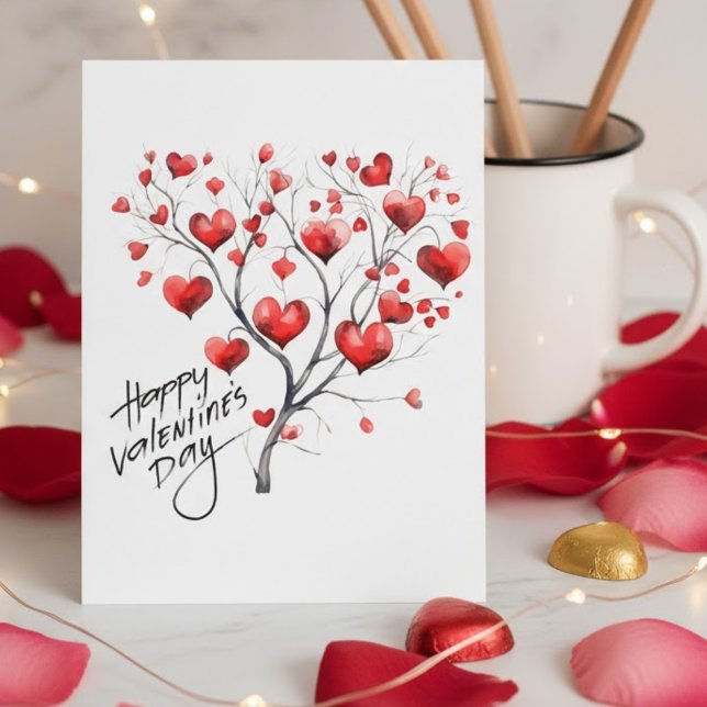 Postal Festiva Watercolor Red Hearts Love Tree Valentine's Day (Subido por el creador)