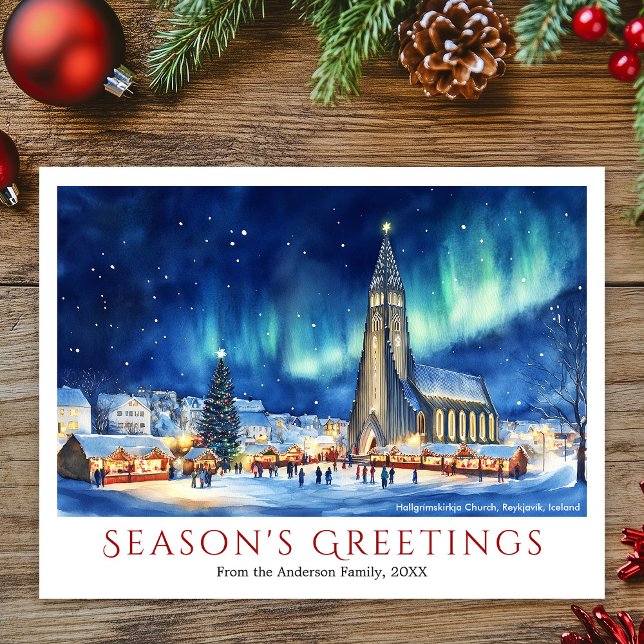 Postal Festiva Watercolor Reykjavik Navidades de viaje de Islandi (Watercolor Reykjavik Iceland Travel Christmas Holiday Postcard)