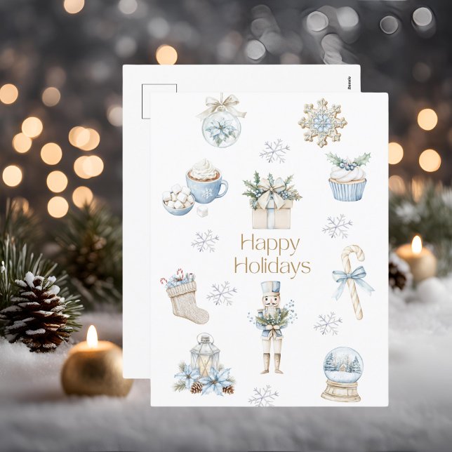 Postal Festiva Watercolor Winter Blue Happy Holidays Postcard (Subido por el creador)