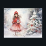 Postal Festiva Watercolor Winter Navidades de Wonderland Sprite R<br><div class="desc">En el pueblo de los más pequeños,  está este lindo sprite vestido de rojo - parado con un árbol de Navidad nevado,  flores rojas decorándolo,  te da la bienvenida con una olla de té.</div>