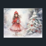 Postal Festiva Watercolor Winter Navidades de Wonderland Sprite R<br><div class="desc">En el pueblo de los más pequeños,  está este lindo sprite vestido de rojo - parado con un árbol de Navidad nevado,  flores rojas decorándolo,  te da la bienvenida con una olla de té.</div>