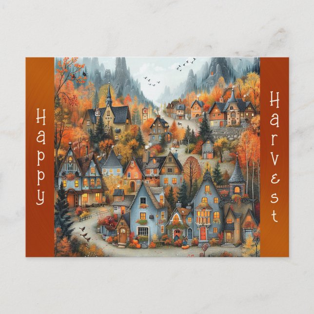 Postal Festiva Whimsical Autumn Village Forest Ilustracion (Anverso)
