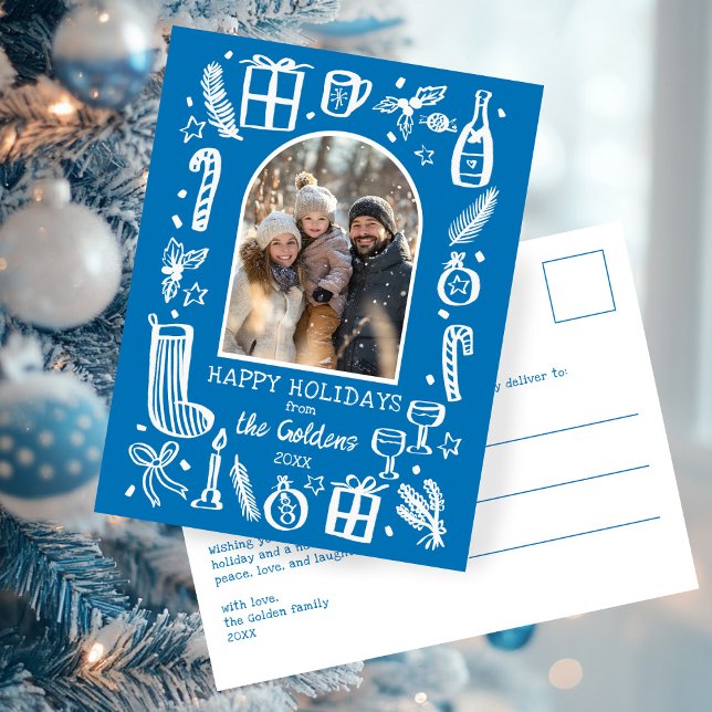 Postal Festiva Whimsical Christmas  Cute Custom Arch PHOTO  (Whimsical Christmas Doodle Hand-drawn Cute Blue Custom Arch PHOTO Winter Holiday Postcard
)