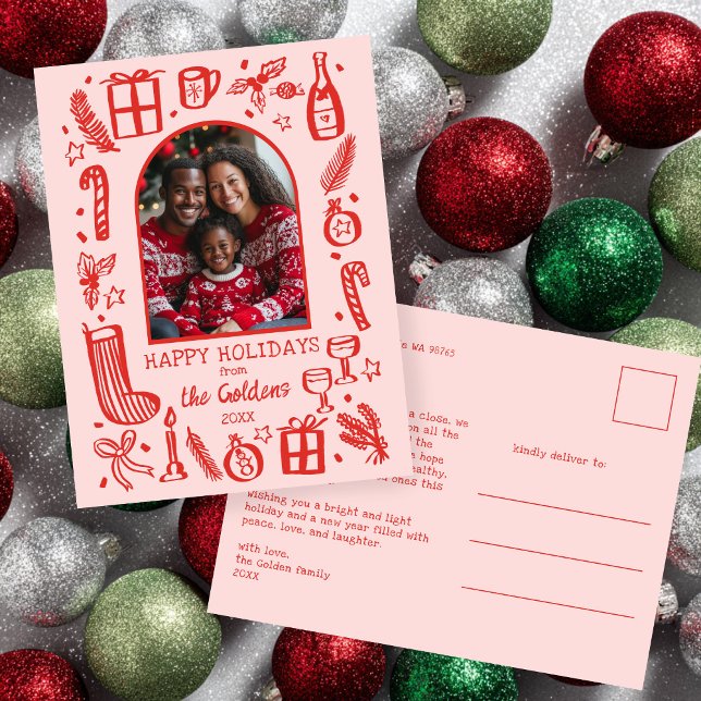 Postal Festiva Whimsical Christmas  Cute Custom Arch PHOTO  (Whimsical Christmas Doodle Sketch Hand-drawn Pink red Cute Custom Arch PHOTO Holiday Postcard
)