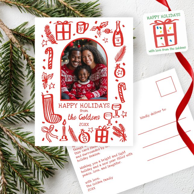 Postal Festiva Whimsical Christmas  Cute Custom Arch PHOTO  (Whimsical Christmas Cute Doodle Sketch Custom Arch PHOTO Holiday Postcard
)