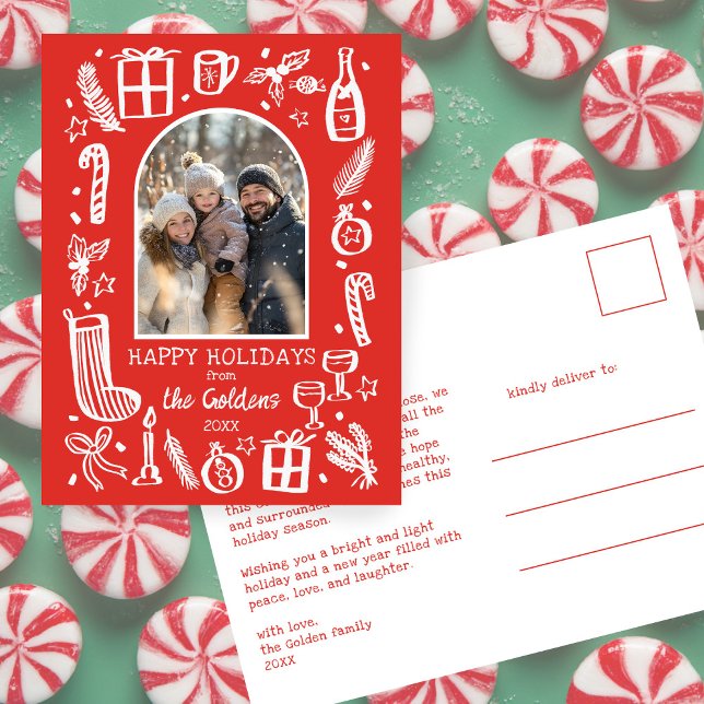 Postal Festiva Whimsical Christmas  Cute Custom Arch PHOTO  (Whimsical Christmas Cute Doodle Sketch Custom Arch PHOTO Holiday Postcard
)