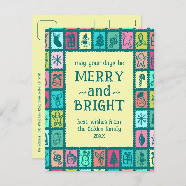Postal Festiva Whimsical Christmas Grid Cute Custom  (Anverso / Reverso)