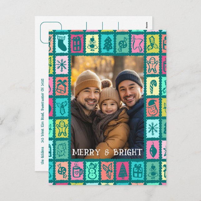 Postal Festiva Whimsical Christmas Grid Cute Custom  (Anverso / Reverso)
