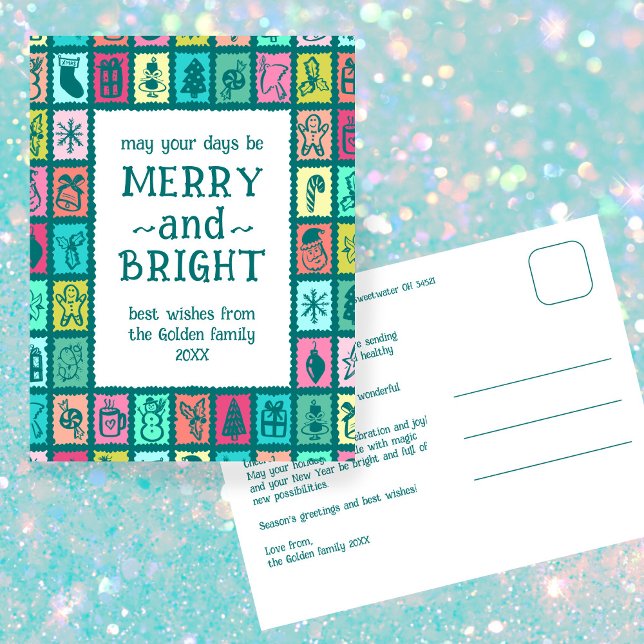 Postal Festiva Whimsical Christmas Grid Cute Custom  (Whimsical Christmas Grid Cute Custom Non-photo Holiday Postcard
)