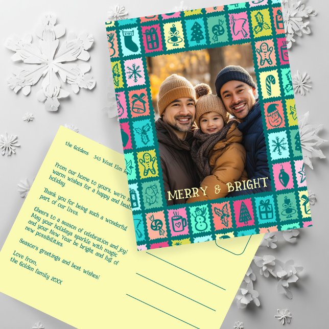 Postal Festiva Whimsical Christmas Grid Cute Custom  (Whimsical Christmas Grid Cute Custom Photo Merry Bright Holiday Postcard
)