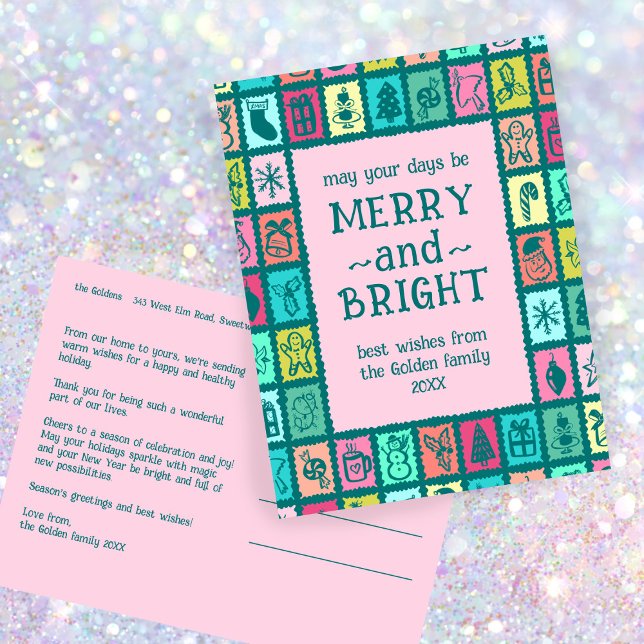 Postal Festiva Whimsical Christmas Grid Cute Custom  (Whimsical Christmas Grid Cute Custom Colorful Merry Bright Non-Photo Holiday Postcard
)