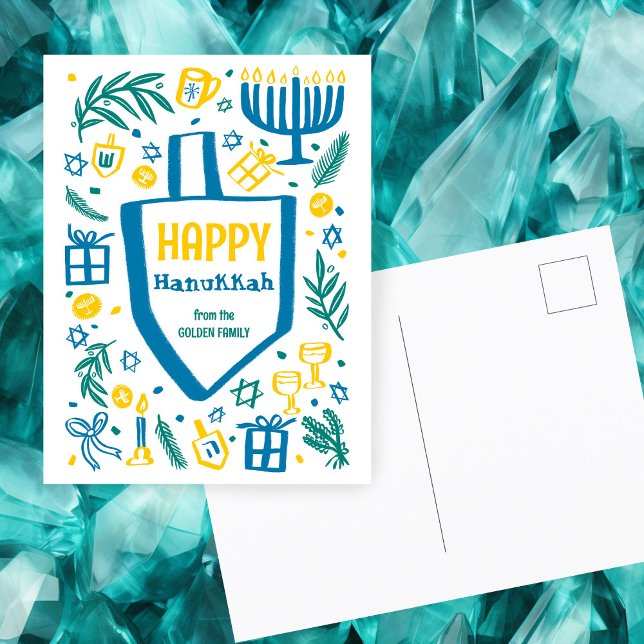 Postal Festiva Whimsical Cute Dreidel Menorah PERSONALIZADO HANUK (Whimsical Cute Dreidel Doodle Menorah CUSTOM HANUKKAH Holiday Postcard
)