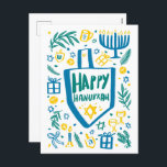 Postal Festiva Whimsical Cute Dreidel Menorah PERSONALIZADO HANUK<br><div class="desc">Una tarjeta perfecta para unas vacaciones divertidas. ¡La mano hizo arte para ti! ¡TODO PERSONALIZABLE! Haga clic en "editar usando la herramienta de diseño" para agregar su propio texto personalizado. (también revisa mi tienda para ver otros diseños) Esta es una postal, revisa mi tienda para ver tarjetas plegadas y planas...</div>