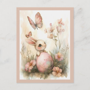 Postal Festiva Whimsical Easter Bunny con mariposas Rubor Pink