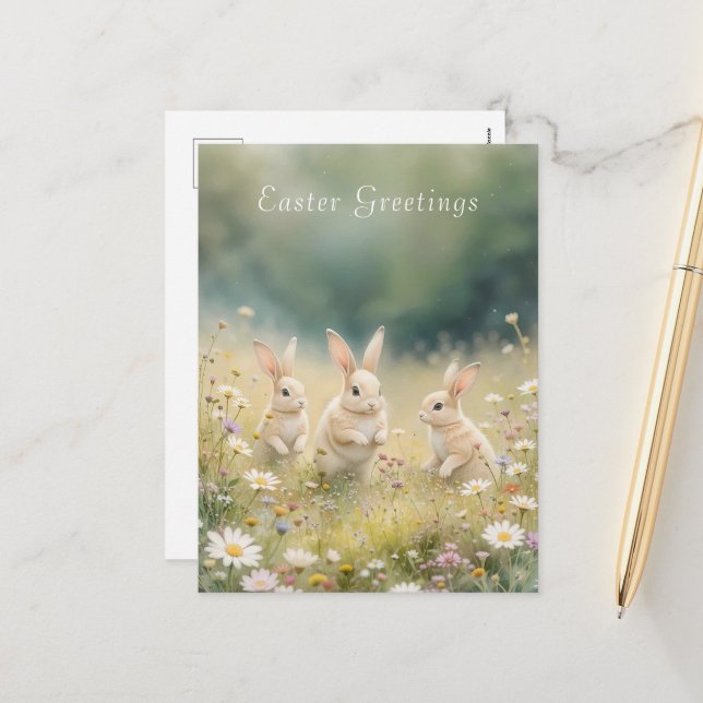 Postal Festiva Whimsical Easter Meadow Springtime Bunny (Anverso/Reverso In Situ)