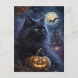 Postal Festiva Whimsical Halloween Black Cat y Luna Llena