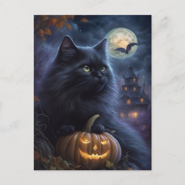 Postal Festiva Whimsical Halloween Black Cat y Luna Llena (Anverso)