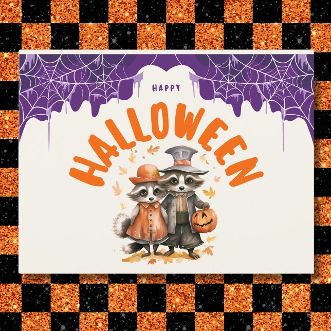Postal Festiva Whimsical Happy Halloween Raccoon Couple (Subido por el creador)